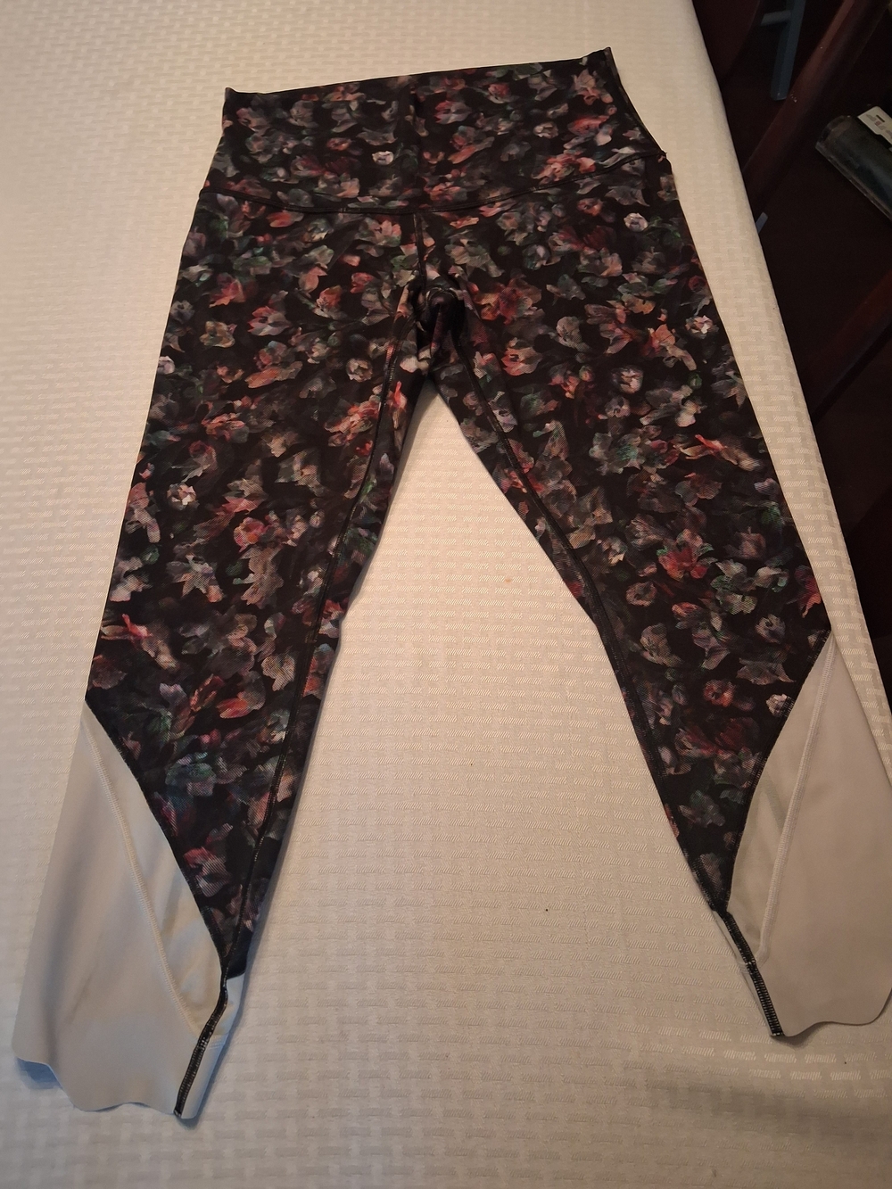 lululemon athletica Black Floral Print Leggings with Cream Ankle Panels
